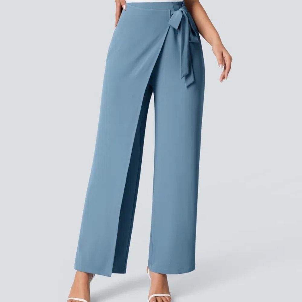 HALARA Women's Blue Wrap Pants High Waisted Tie Side Invisible Zipper Wide Leg